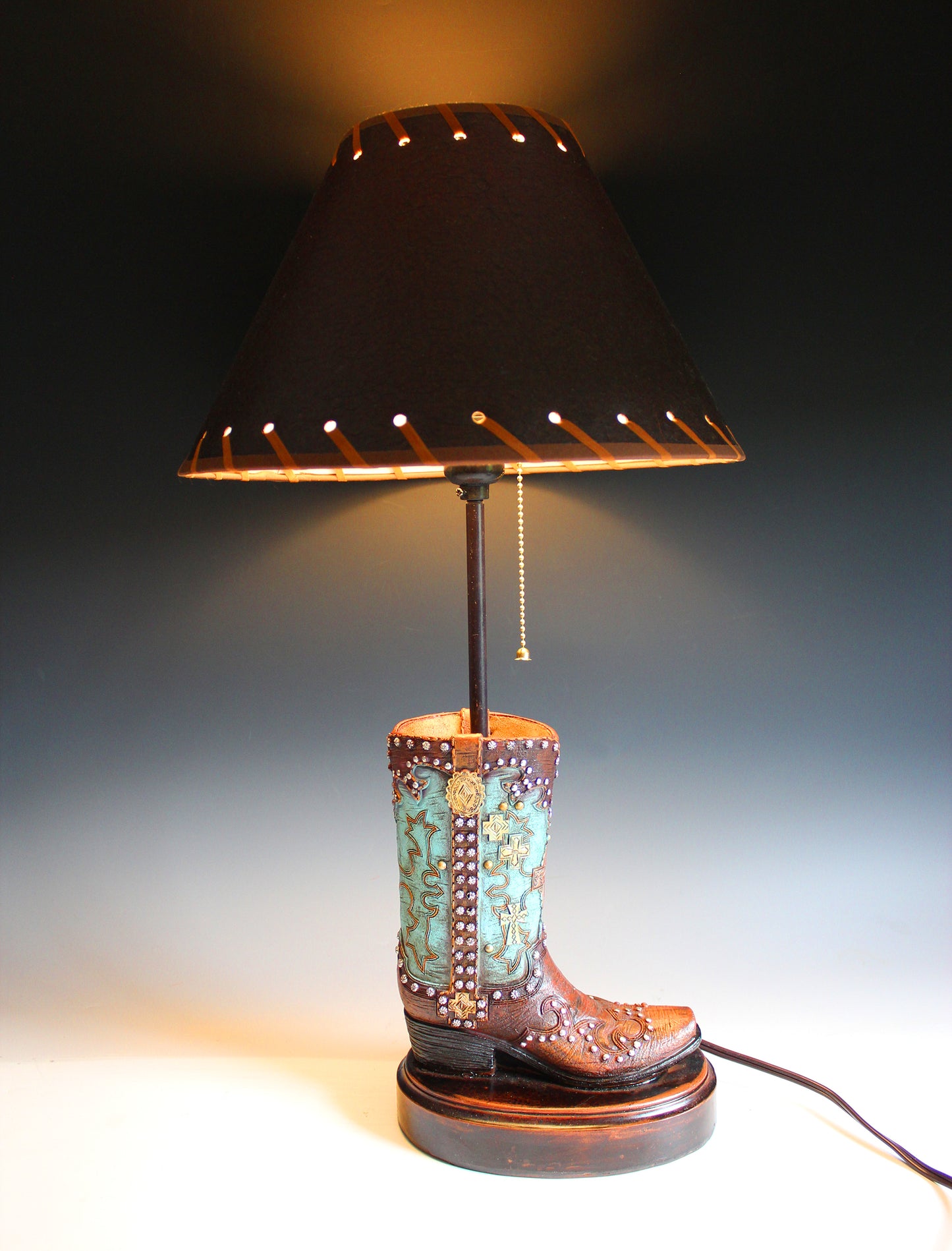 Cowboy Boot Lamp - western style boot lamp with turquoise and gold detailing, country & western style cowgirl boot table lamp