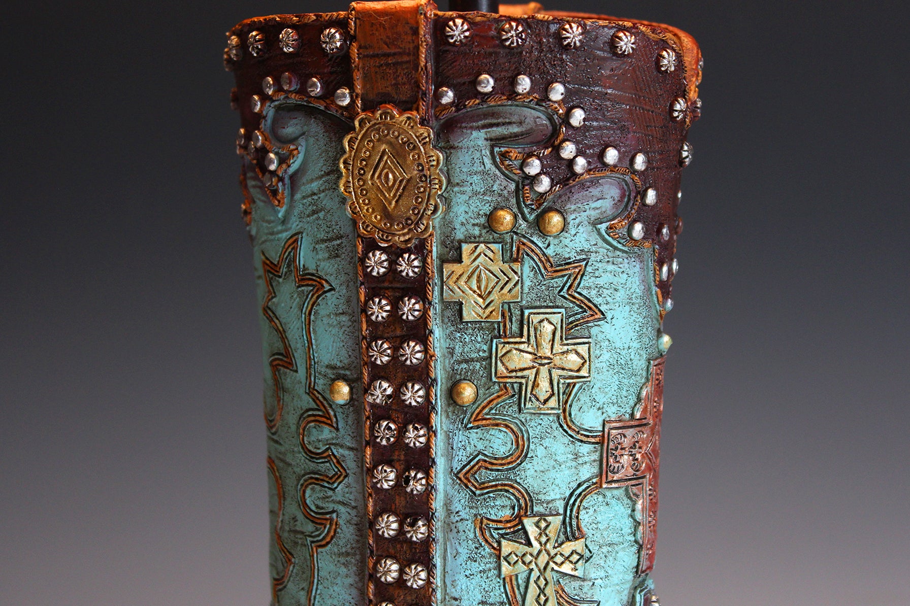 Cowboy Boot Lamp - western style boot lamp with turquoise and gold detailing, country & western style cowgirl boot table lamp