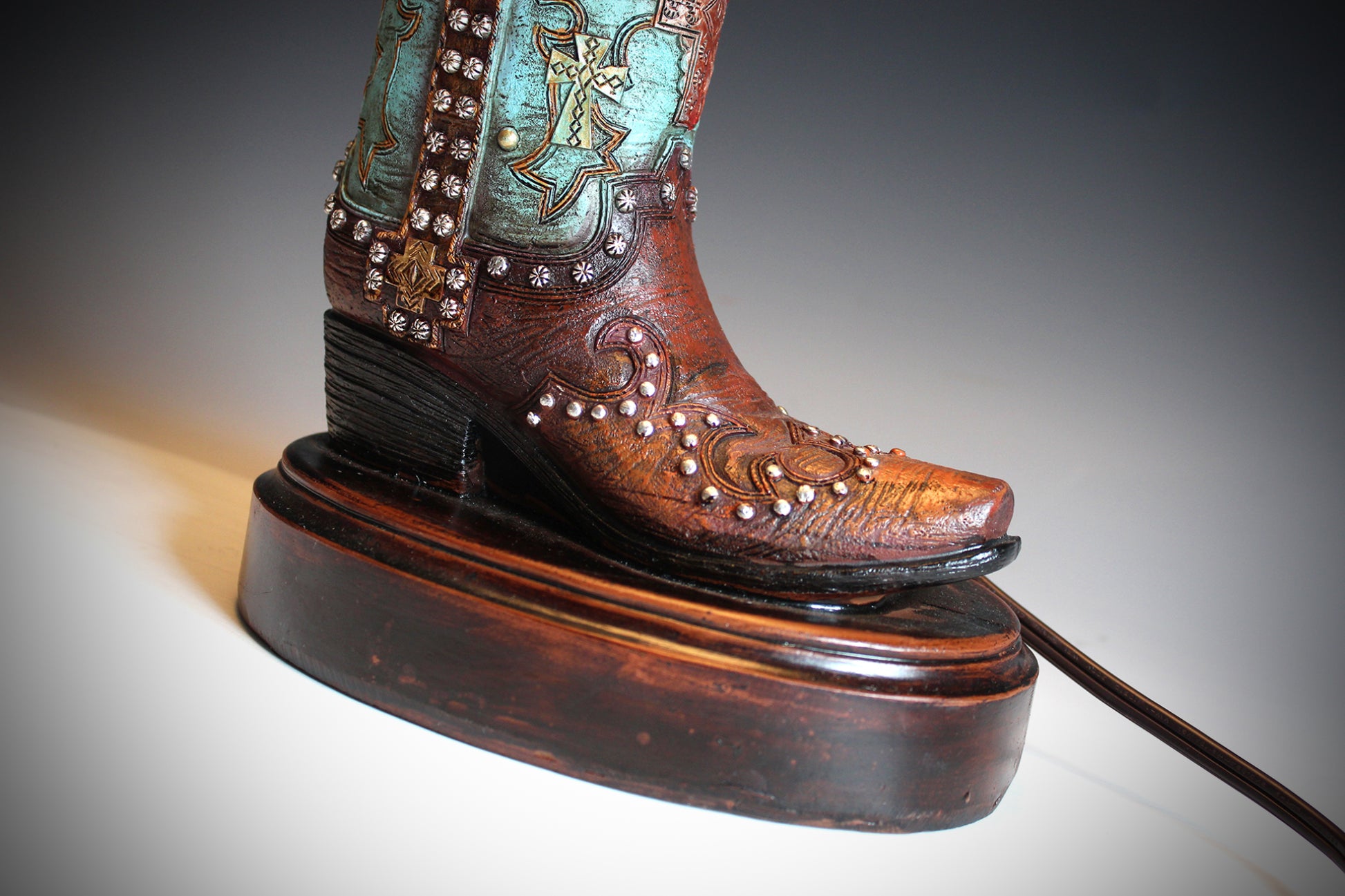 Cowboy Boot Lamp - western style boot lamp with turquoise and gold detailing, country & western style cowgirl boot table lamp