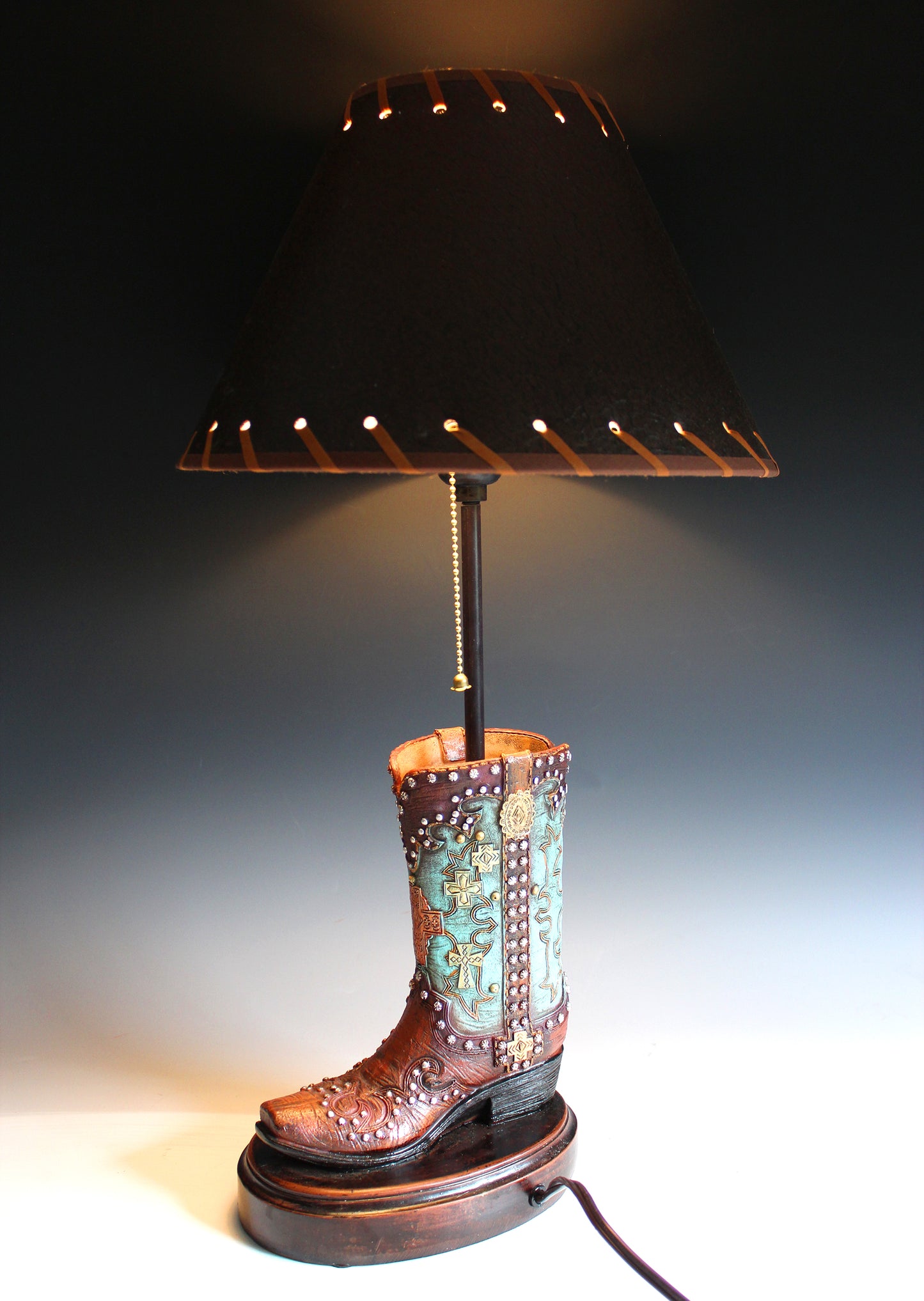 Cowboy Boot Lamp - western style boot lamp with turquoise and gold detailing, country & western style cowgirl boot table lamp