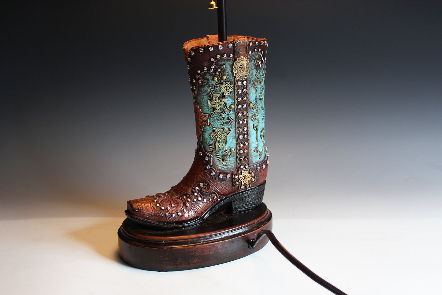 Cowboy Boot Lamp - western style boot lamp with turquoise and gold detailing, country & western style cowgirl boot table lamp