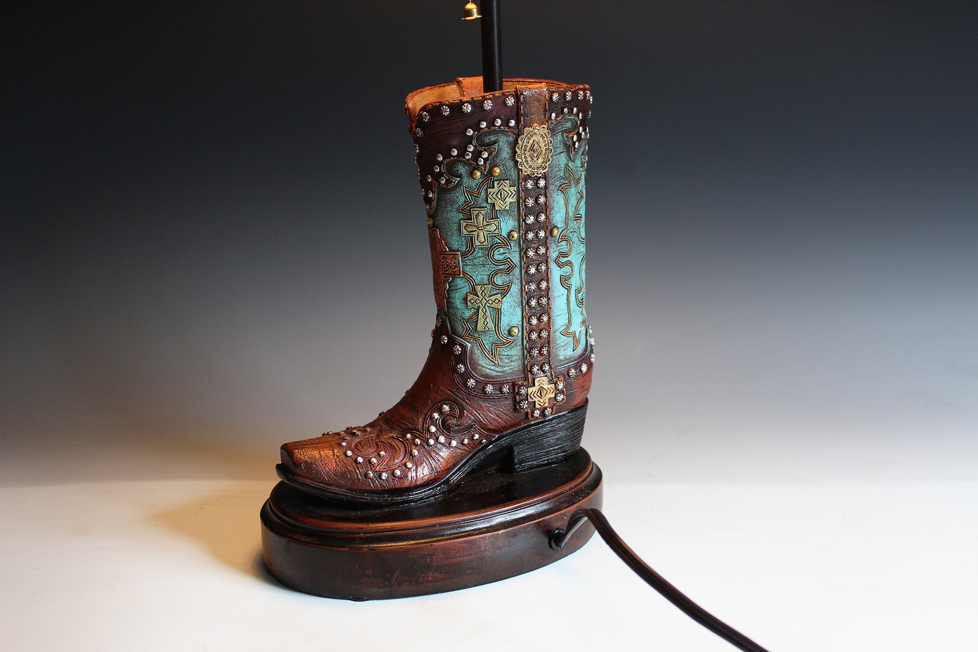 Cowboy Boot Lamp - western style boot lamp with turquoise and gold detailing, country & western style cowgirl boot table lamp