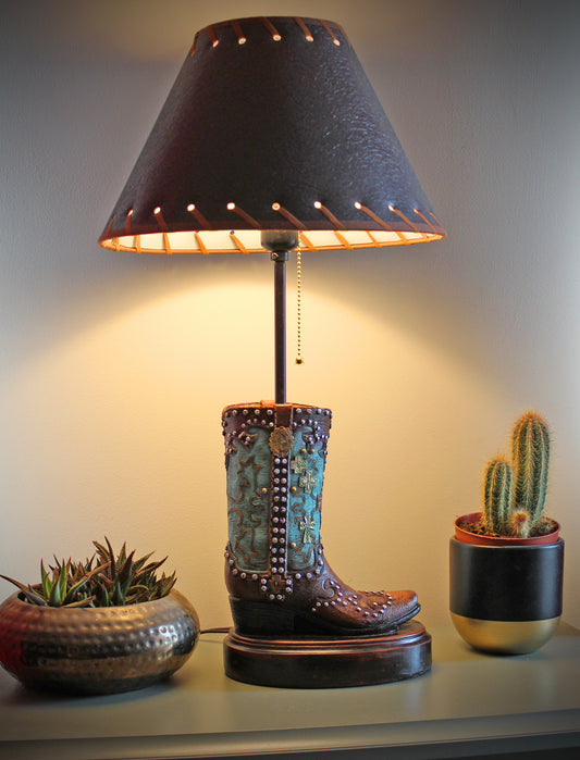 Cowboy Boot Lamp - western style boot lamp with turquoise and gold detailing, country & western style cowgirl boot table lamp