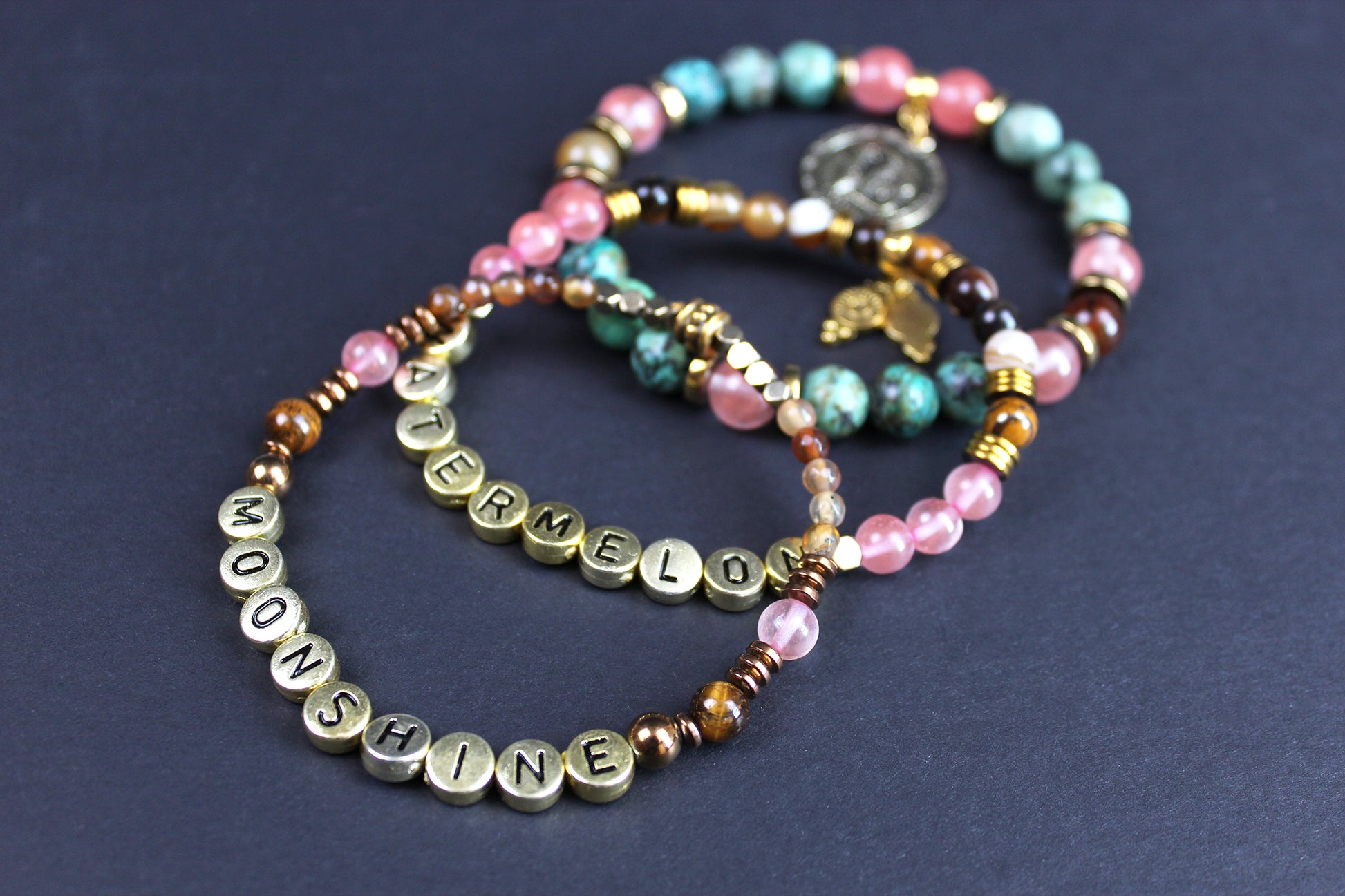 Lyric Beaded Bracelets - Watermelon Moonshine - 3 Layered Set - Country Music Bracelet Stack, African Jasper Carnelian - Cherry Quartz