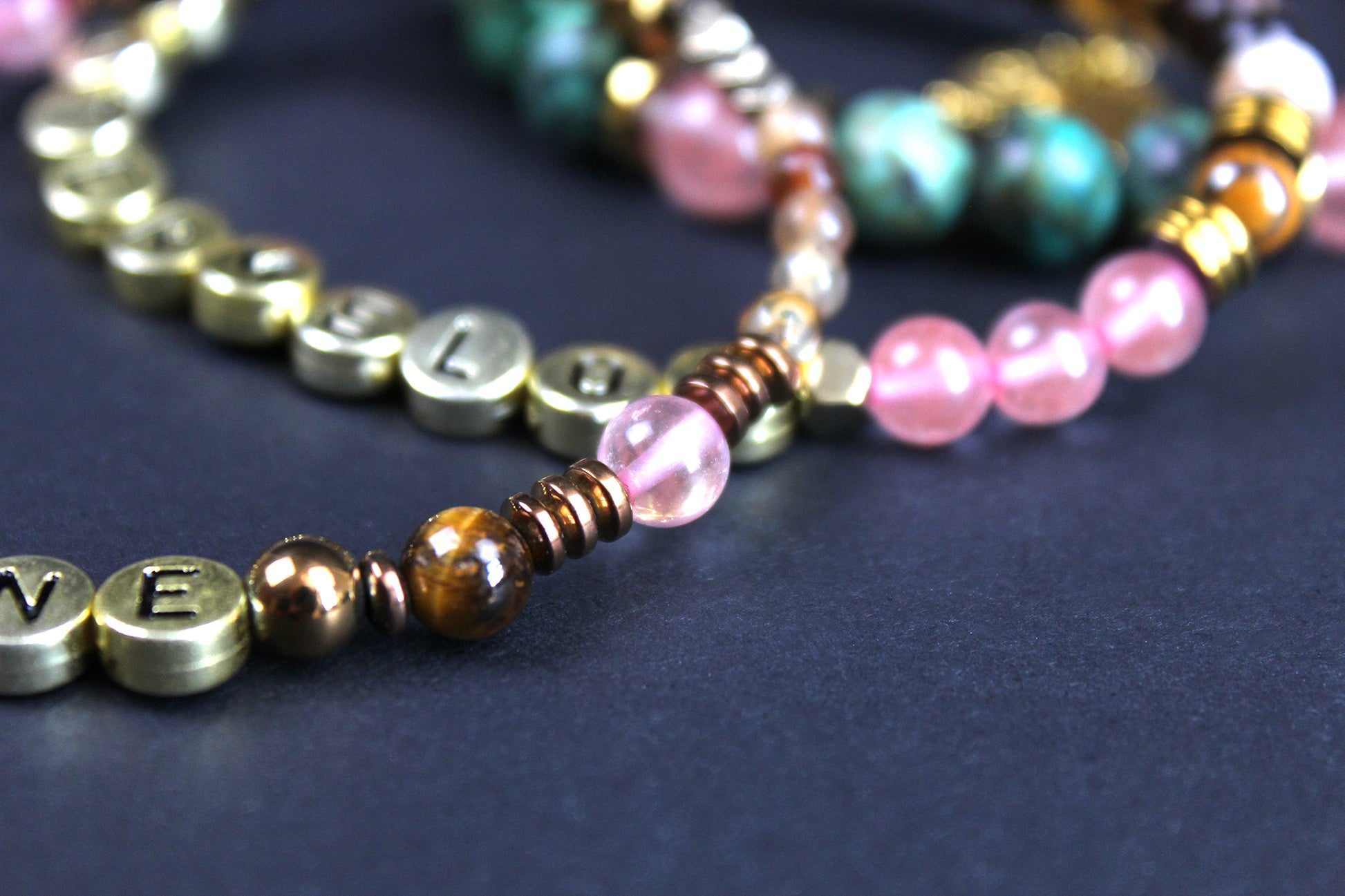 Lyric Beaded Bracelets - Watermelon Moonshine - 3 Layered Set - Country Music Bracelet Stack, African Jasper Carnelian - Cherry Quartz