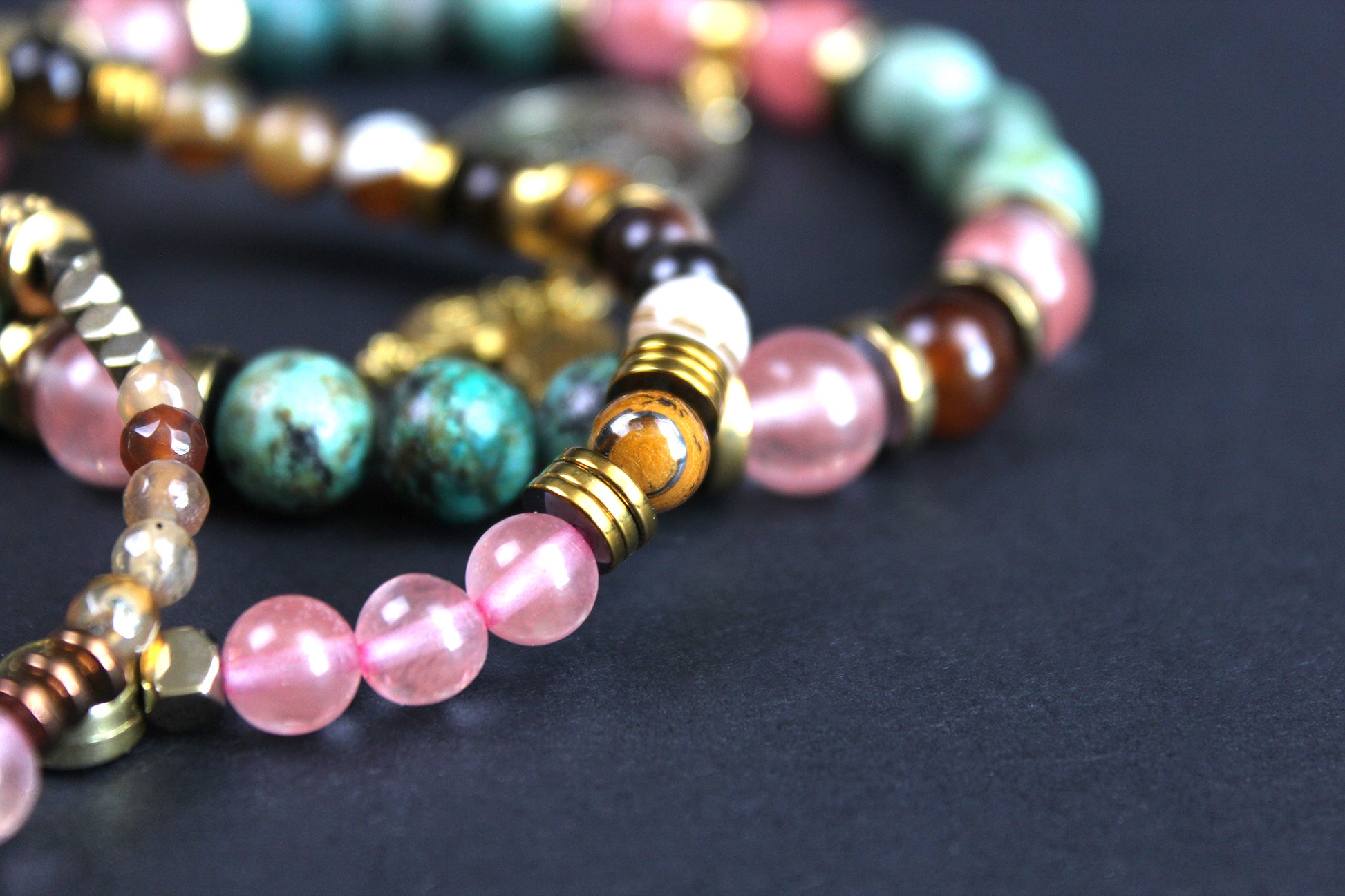 Lyric Beaded Bracelets - Watermelon Moonshine - 3 Layered Set - Country Music Bracelet Stack, African Jasper Carnelian - Cherry Quartz