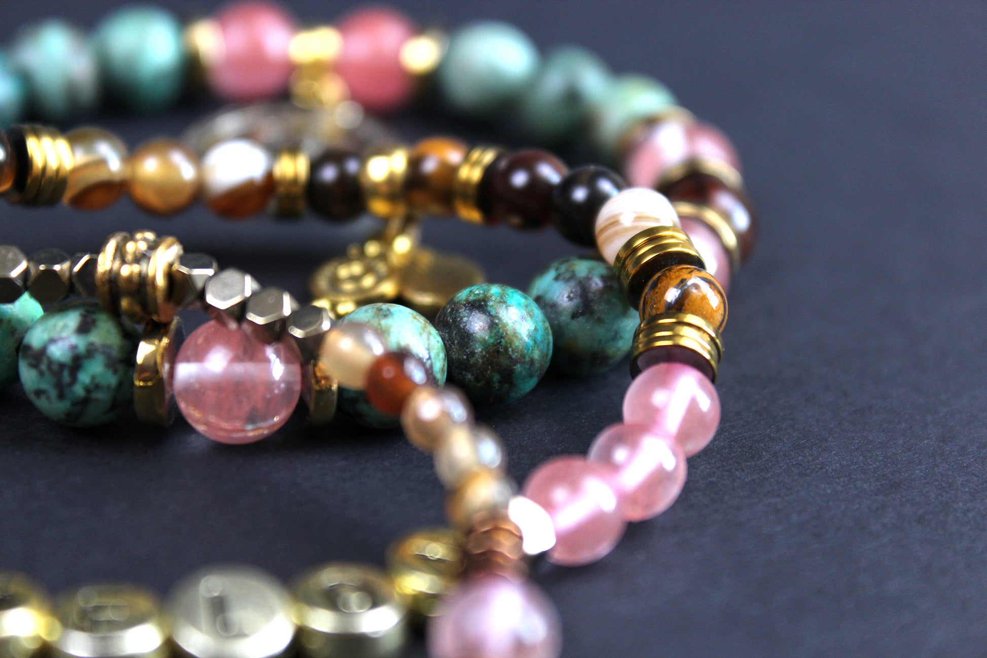 Lyric Beaded Bracelets - Watermelon Moonshine - 3 Layered Set - Country Music Bracelet Stack, African Jasper Carnelian - Cherry Quartz