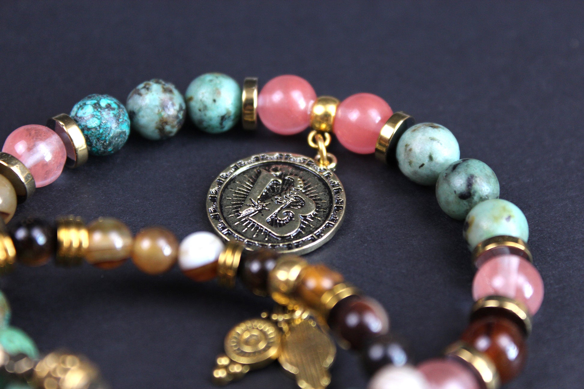 Lyric Beaded Bracelets - Watermelon Moonshine - 3 Layered Set - Country Music Bracelet Stack, African Jasper Carnelian - Cherry Quartz