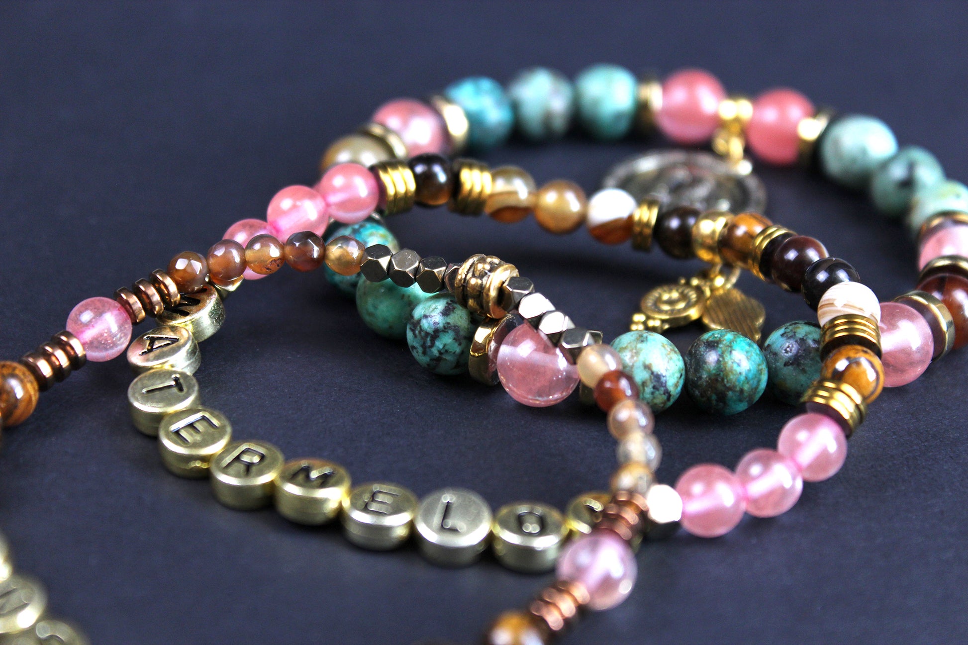 Lyric Beaded Bracelets - Watermelon Moonshine - 3 Layered Set - Country Music Bracelet Stack, African Jasper Carnelian - Cherry Quartz