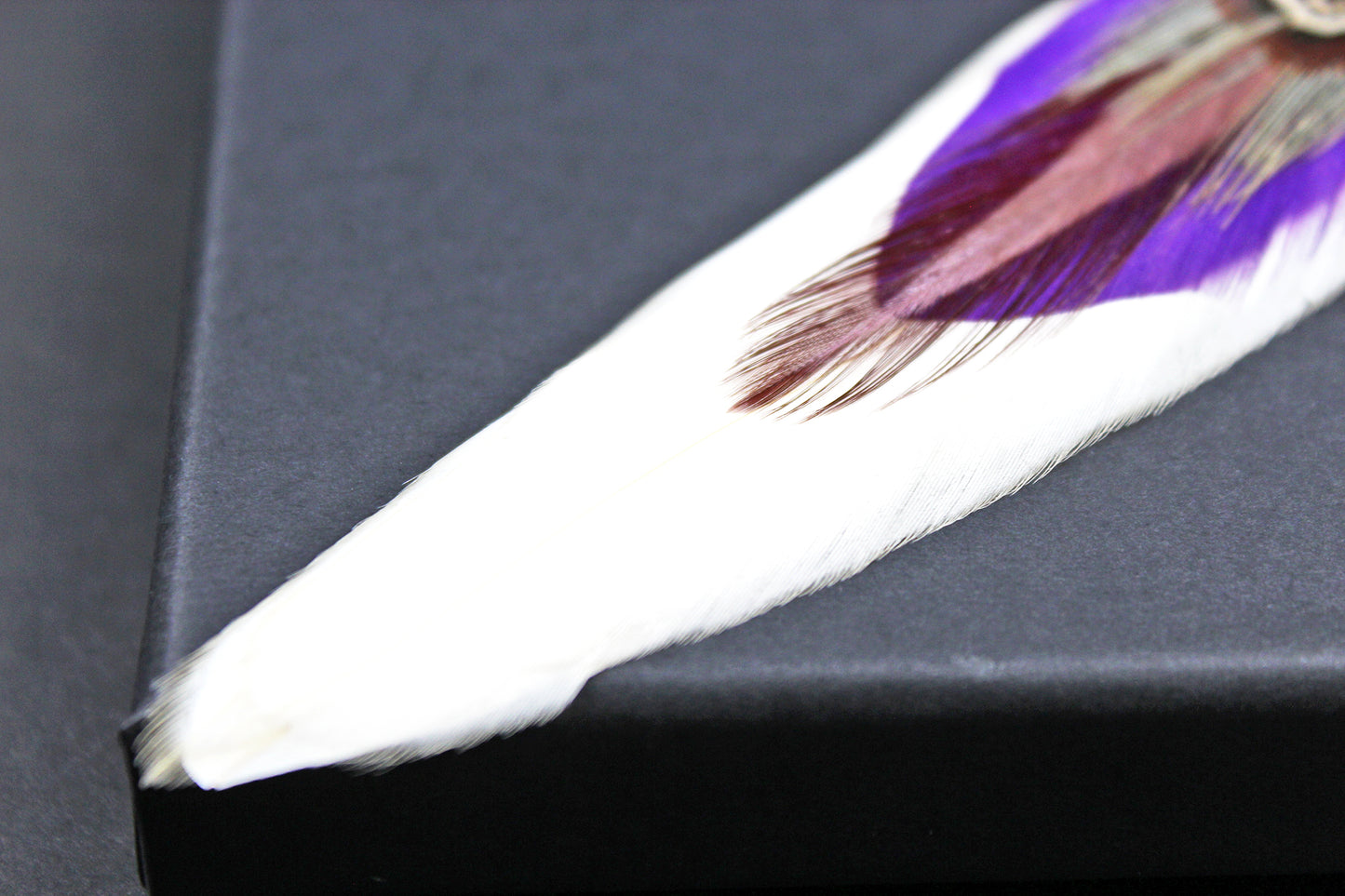 The Harlequin Earring Set - White and purple natural feather earrings with amethyst stone, asymmetrical pair of boho rock n roll earrings