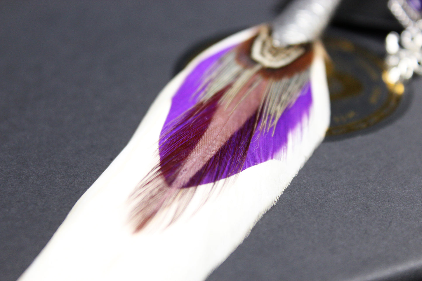 The Harlequin Earring Set - White and purple natural feather earrings with amethyst stone, asymmetrical pair of boho rock n roll earrings
