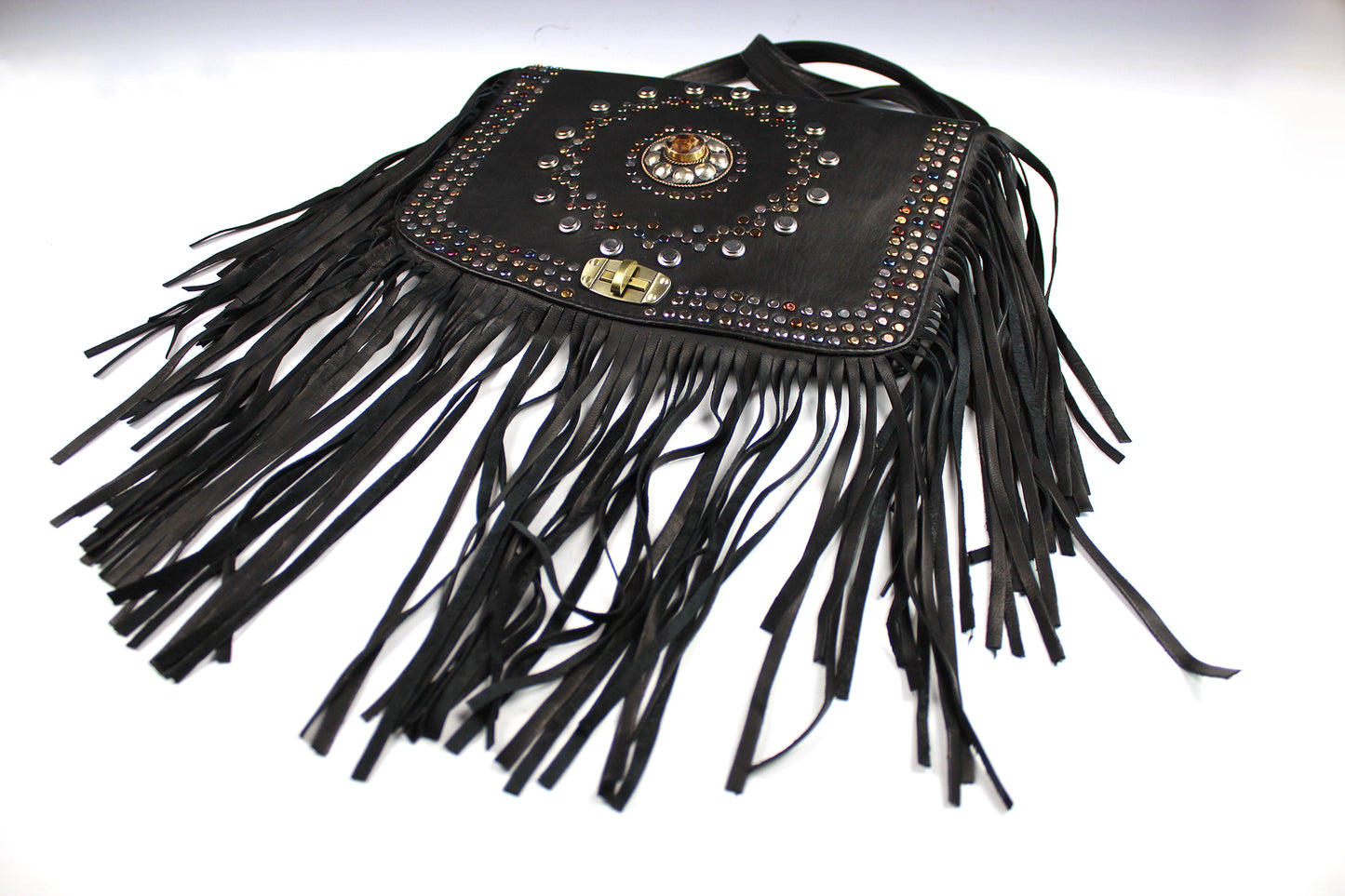 The Clover Bag - genuine real leather bag with intricate stud pattern work and flower in resin accent, boho country tassel shoulder bag