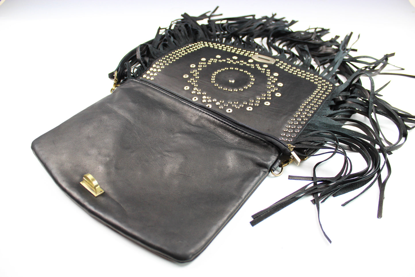 The Clover Bag - genuine real leather bag with intricate stud pattern work and flower in resin accent, boho country tassel shoulder bag