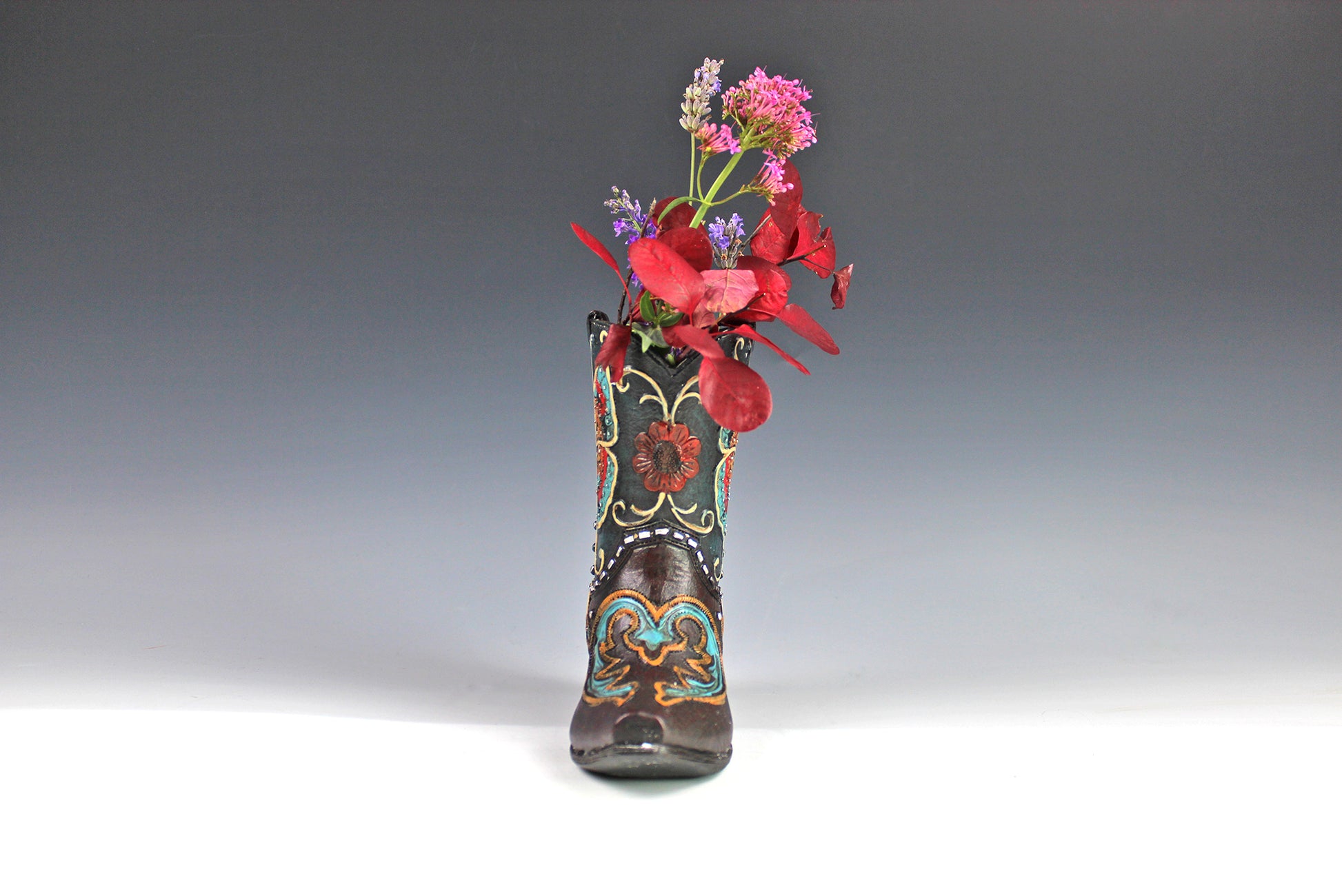 Medium Cowboy Boot Vase - black & turquoise cowboy boot vase with accents, western style flower arrangement vase, realistic boot vase