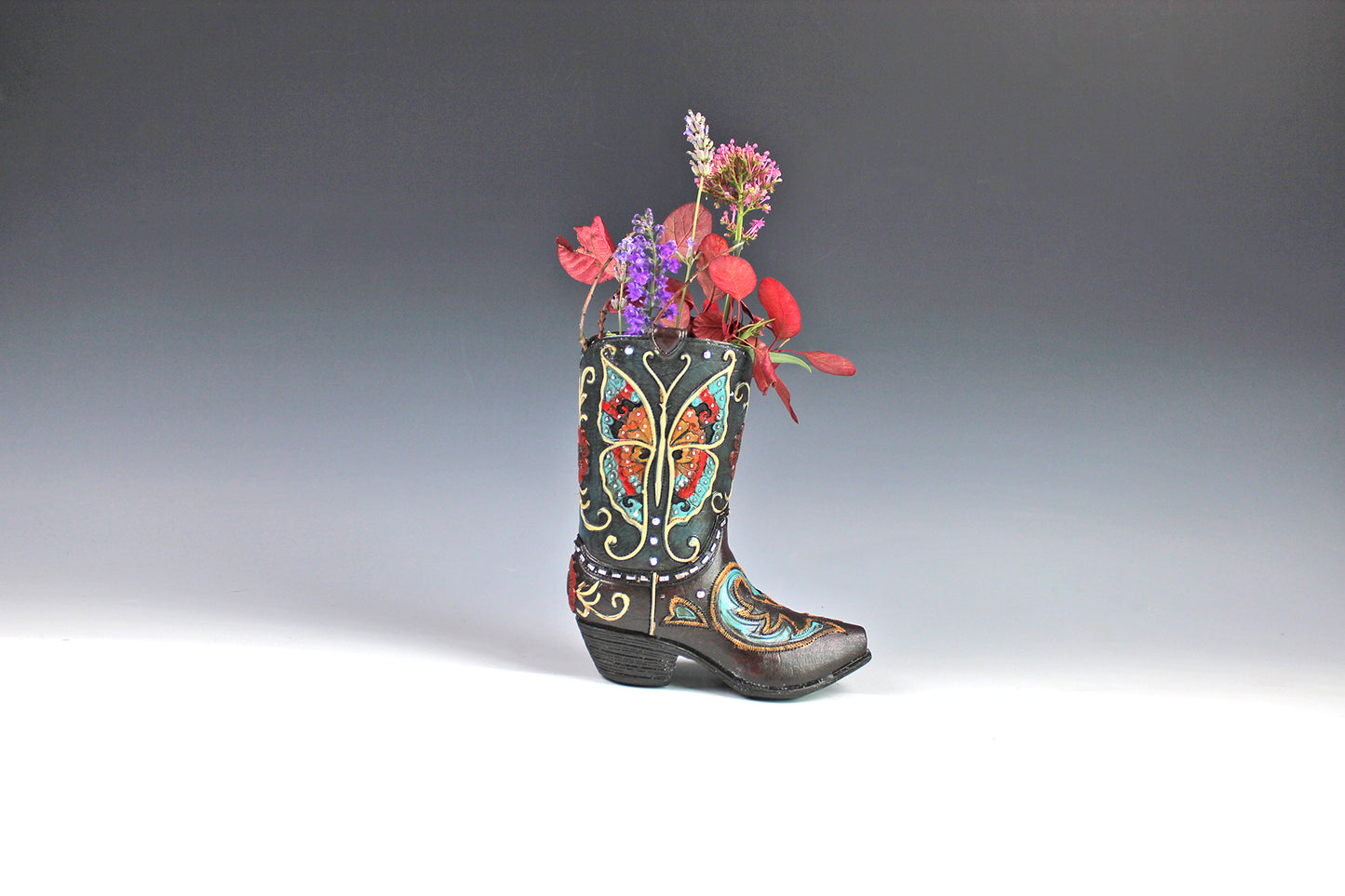 Medium Cowboy Boot Vase - black & turquoise cowboy boot vase with accents, western style flower arrangement vase, realistic boot vase