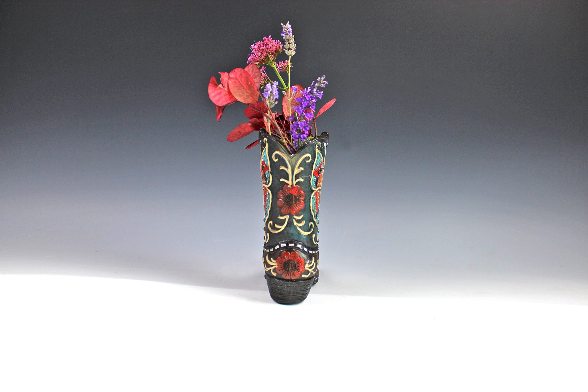 Medium Cowboy Boot Vase - black & turquoise cowboy boot vase with accents, western style flower arrangement vase, realistic boot vase