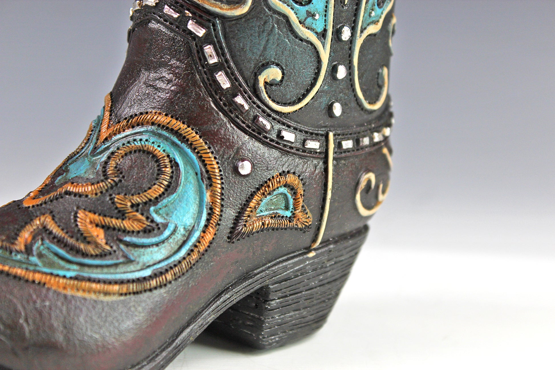 Medium Cowboy Boot Vase - black & turquoise cowboy boot vase with accents, western style flower arrangement vase, realistic boot vase