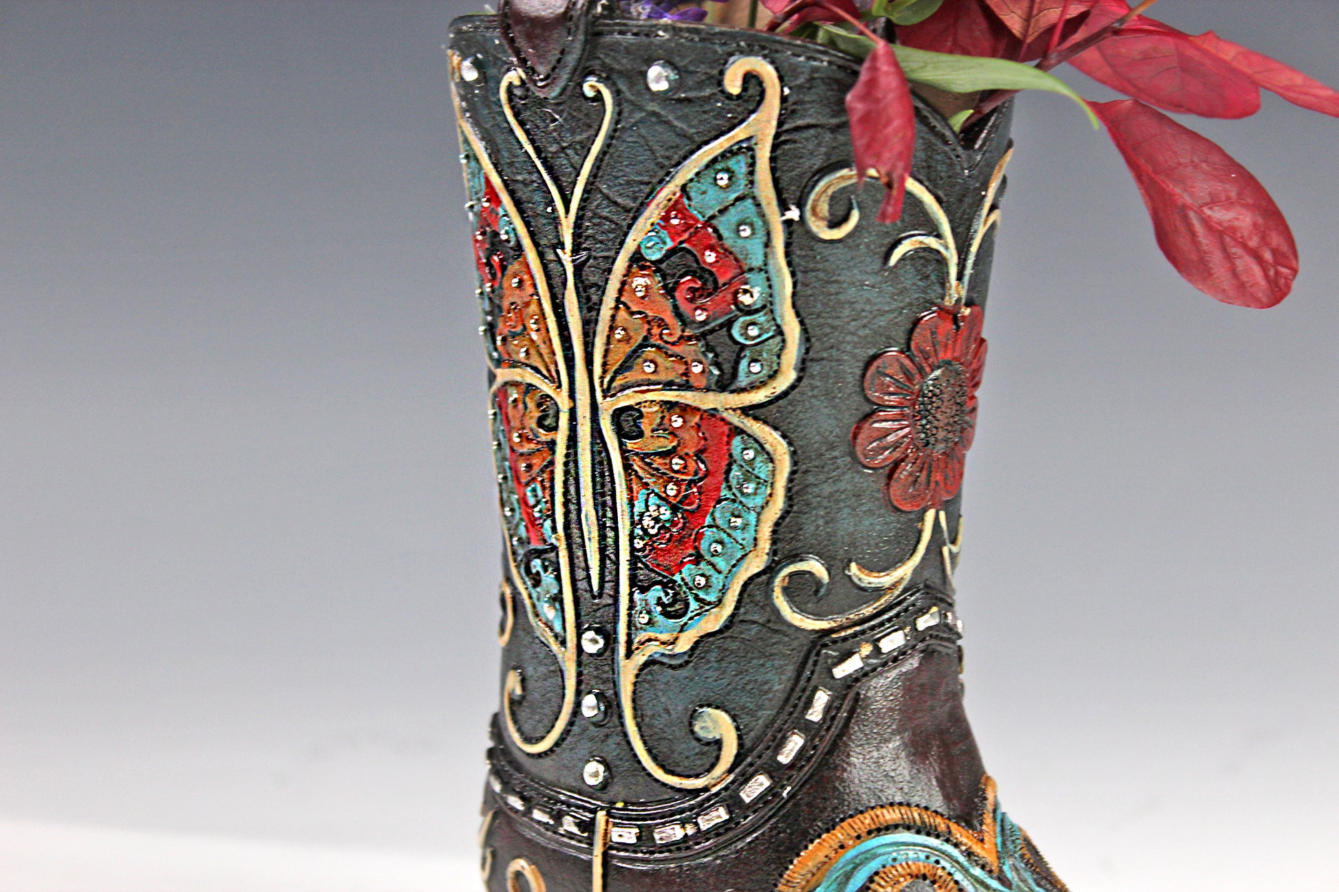 Medium Cowboy Boot Vase - black & turquoise cowboy boot vase with accents, western style flower arrangement vase, realistic boot vase