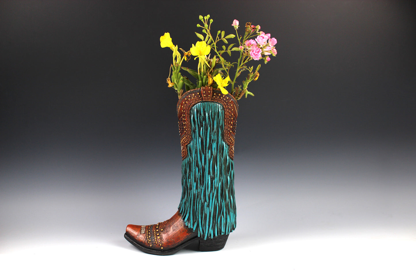 Large Cowboy Boot Vase - brown & turquoise cowboy boot vase with detailed accents, western boot flower arrangement vase, realistic boot vase