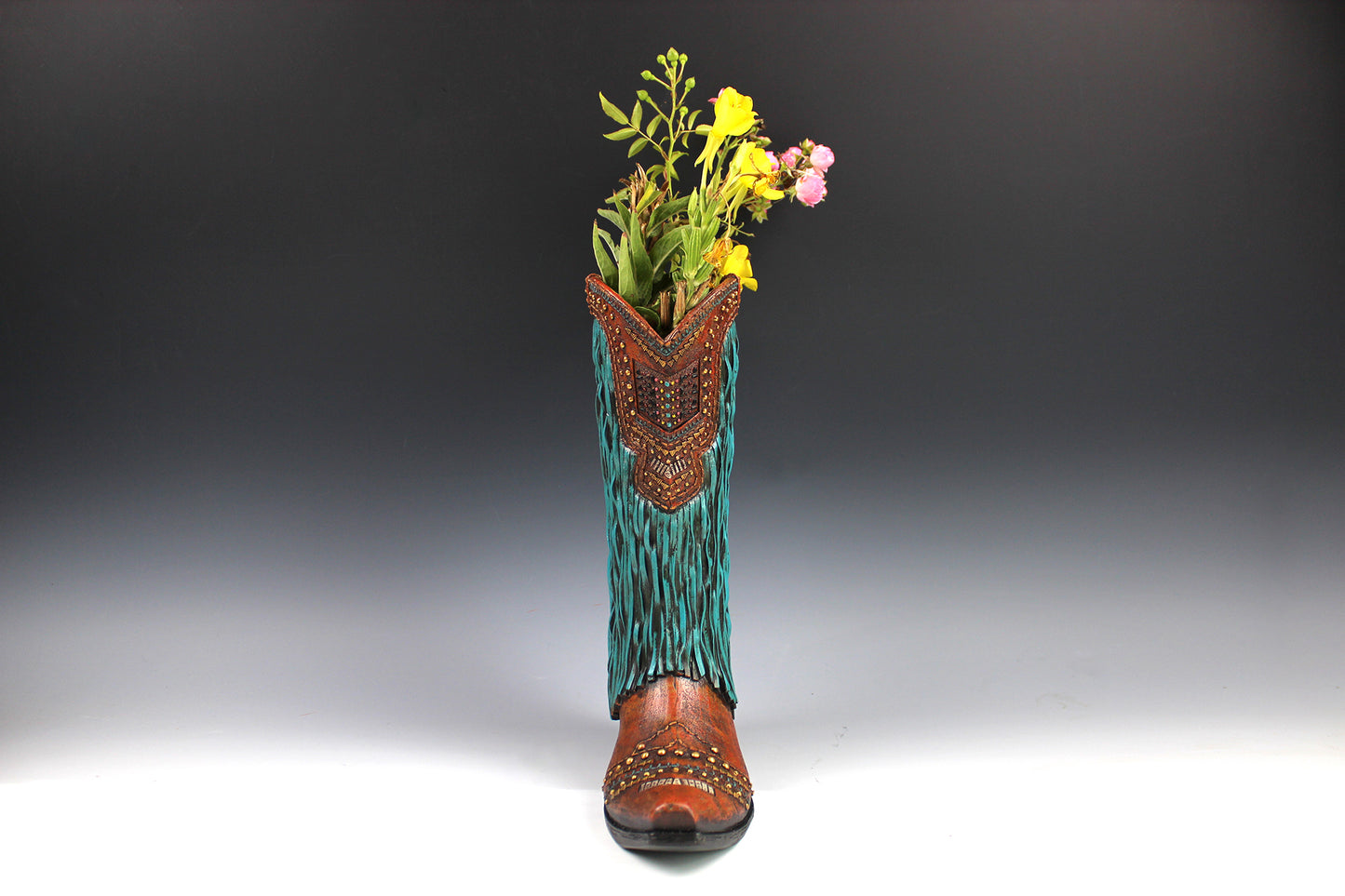 Large Cowboy Boot Vase - brown & turquoise cowboy boot vase with detailed accents, western boot flower arrangement vase, realistic boot vase
