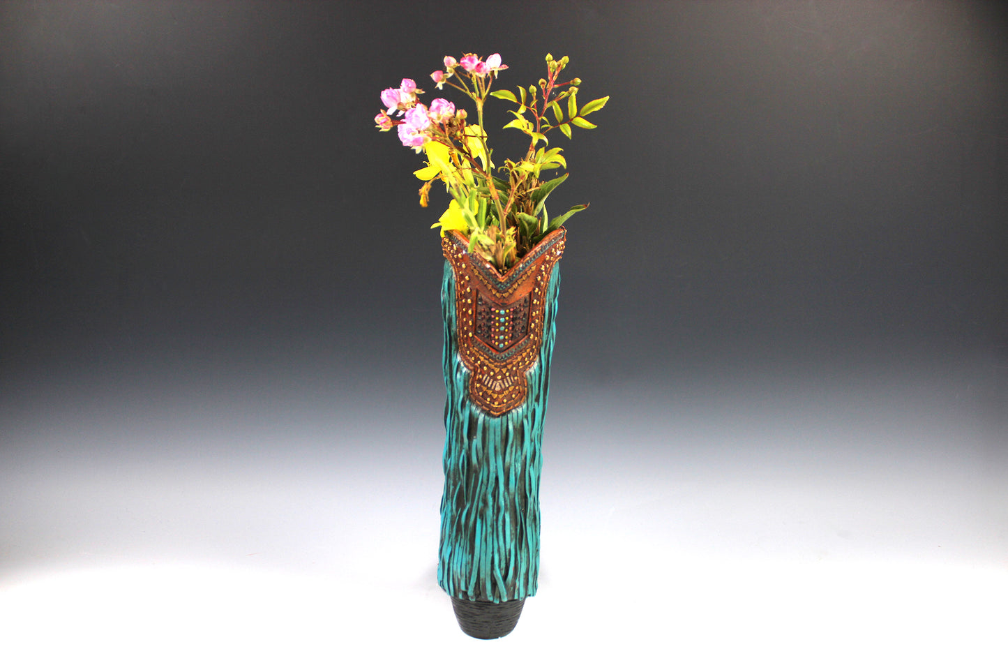 Large Cowboy Boot Vase - brown & turquoise cowboy boot vase with detailed accents, western boot flower arrangement vase, realistic boot vase
