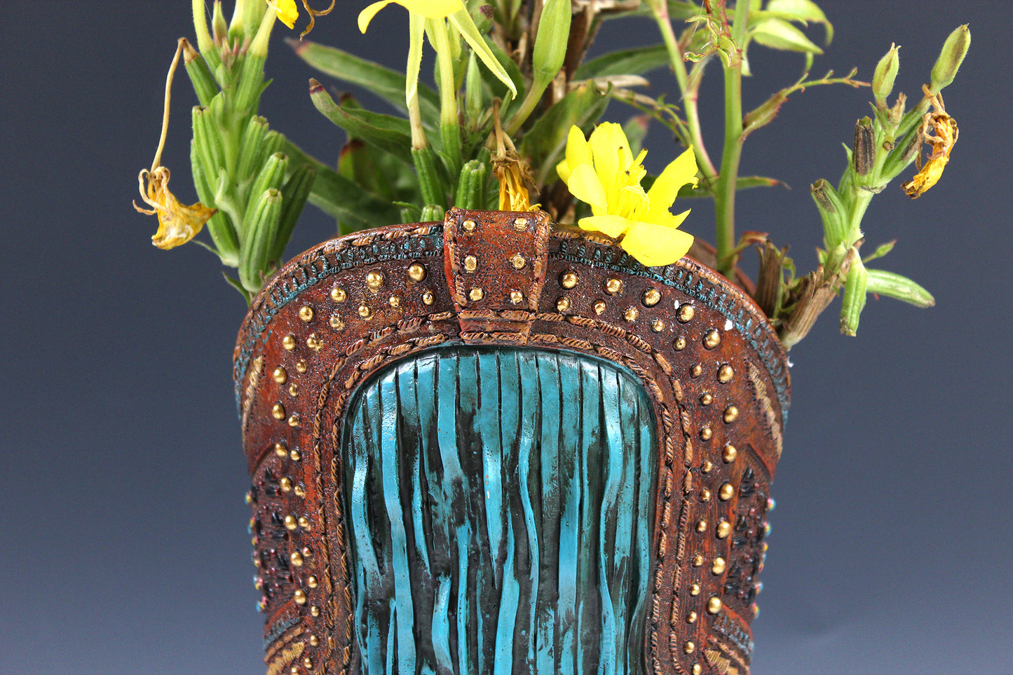 Large Cowboy Boot Vase - brown & turquoise cowboy boot vase with detailed accents, western boot flower arrangement vase, realistic boot vase