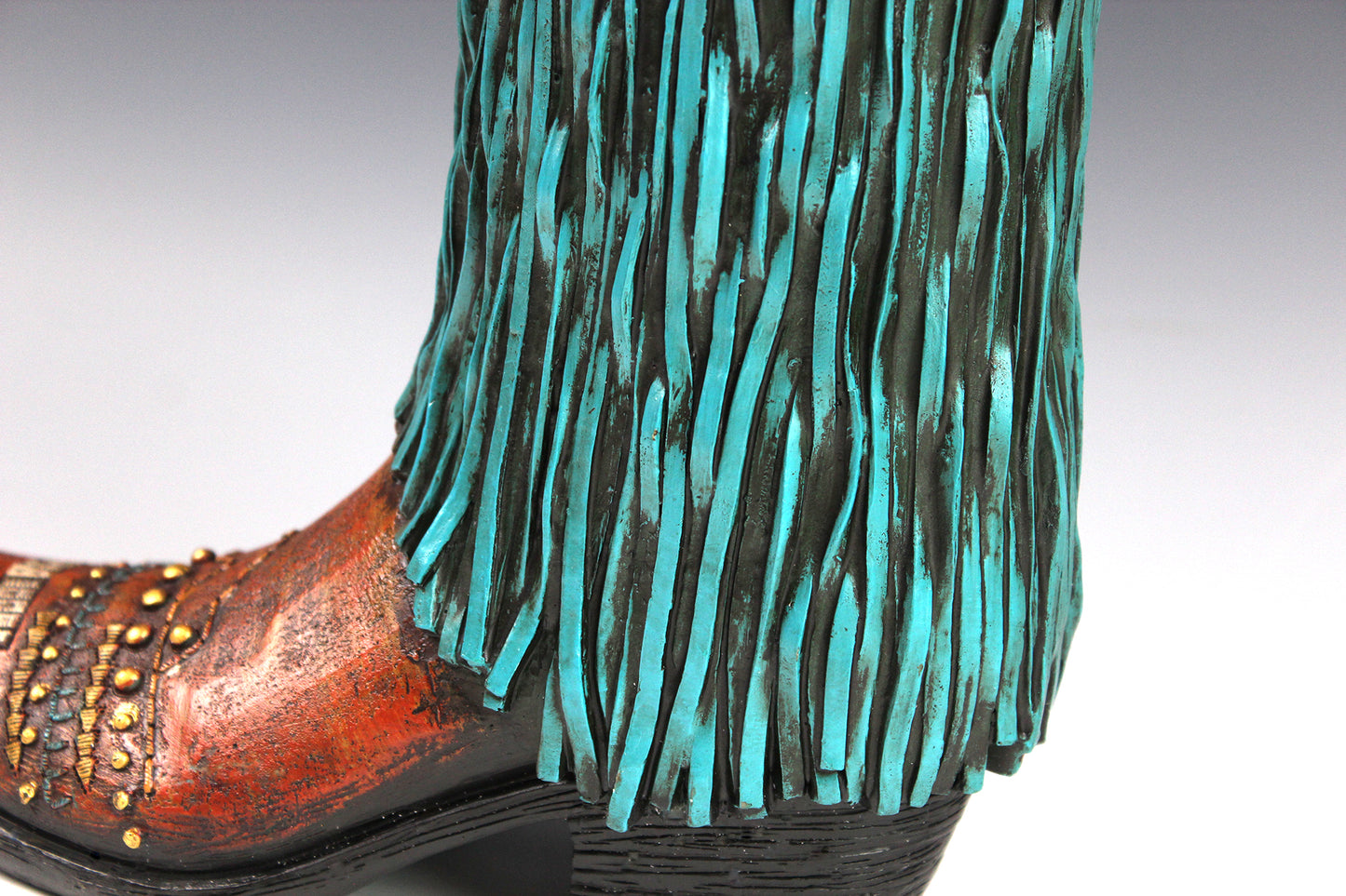 Large Cowboy Boot Vase - brown & turquoise cowboy boot vase with detailed accents, western boot flower arrangement vase, realistic boot vase