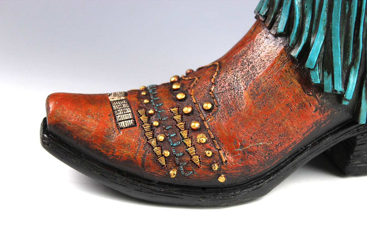 Large Cowboy Boot Vase - brown & turquoise cowboy boot vase with detailed accents, western boot flower arrangement vase, realistic boot vase