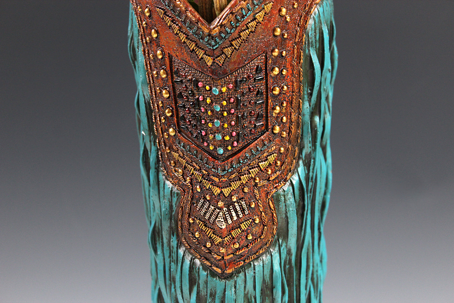Large Cowboy Boot Vase - brown & turquoise cowboy boot vase with detailed accents, western boot flower arrangement vase, realistic boot vase