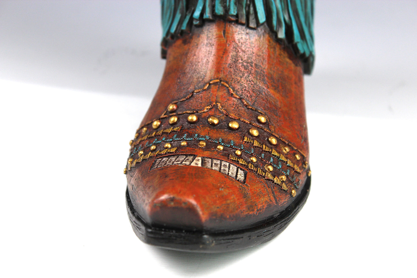 Large Cowboy Boot Vase - brown & turquoise cowboy boot vase with detailed accents, western boot flower arrangement vase, realistic boot vase