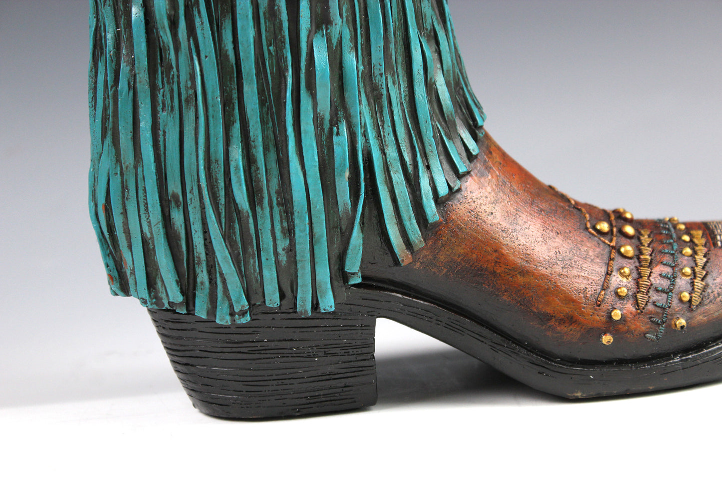 Large Cowboy Boot Vase - brown & turquoise cowboy boot vase with detailed accents, western boot flower arrangement vase, realistic boot vase