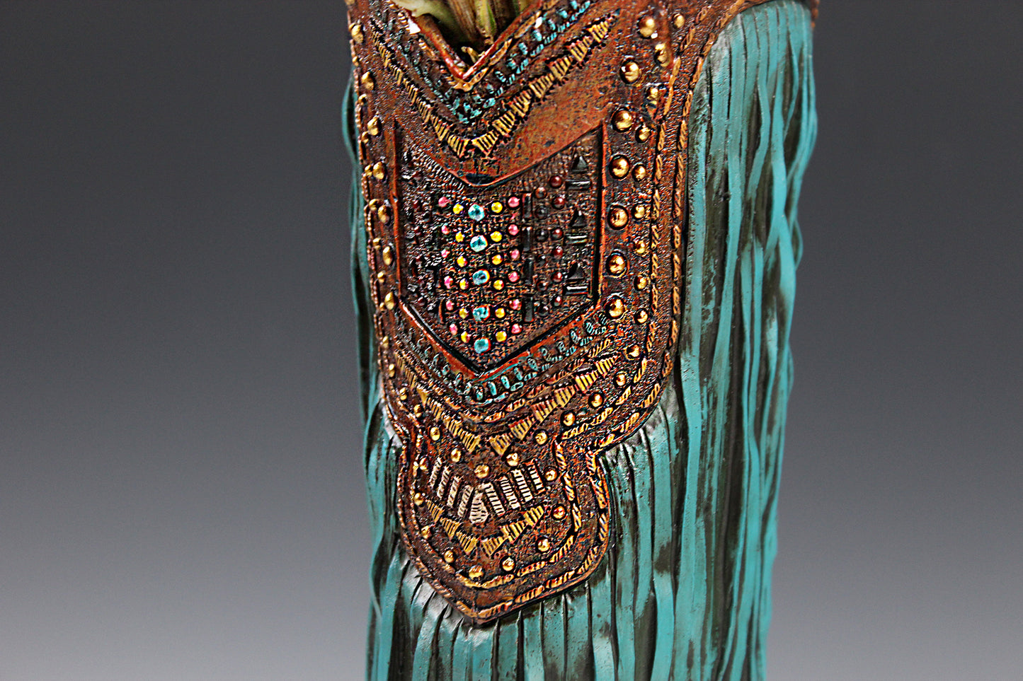 Large Cowboy Boot Vase - brown & turquoise cowboy boot vase with detailed accents, western boot flower arrangement vase, realistic boot vase