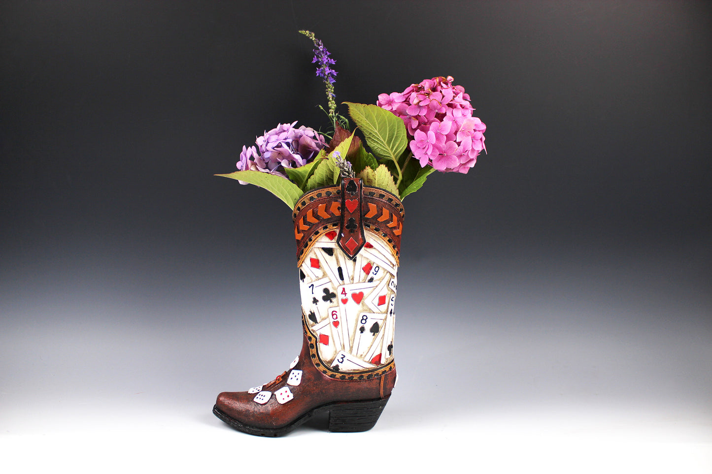 Medium Cowboy Boot Vase - brown cowboy boot vase with playing card design, western style flower arrangement vase, realistic boot vase