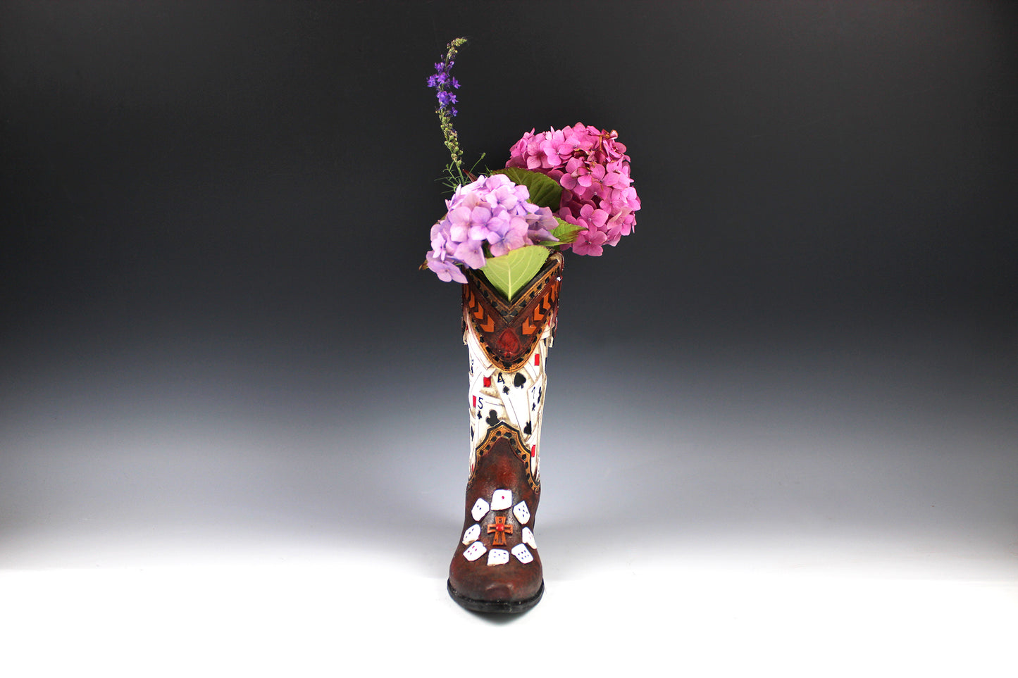 Medium Cowboy Boot Vase - brown cowboy boot vase with playing card design, western style flower arrangement vase, realistic boot vase