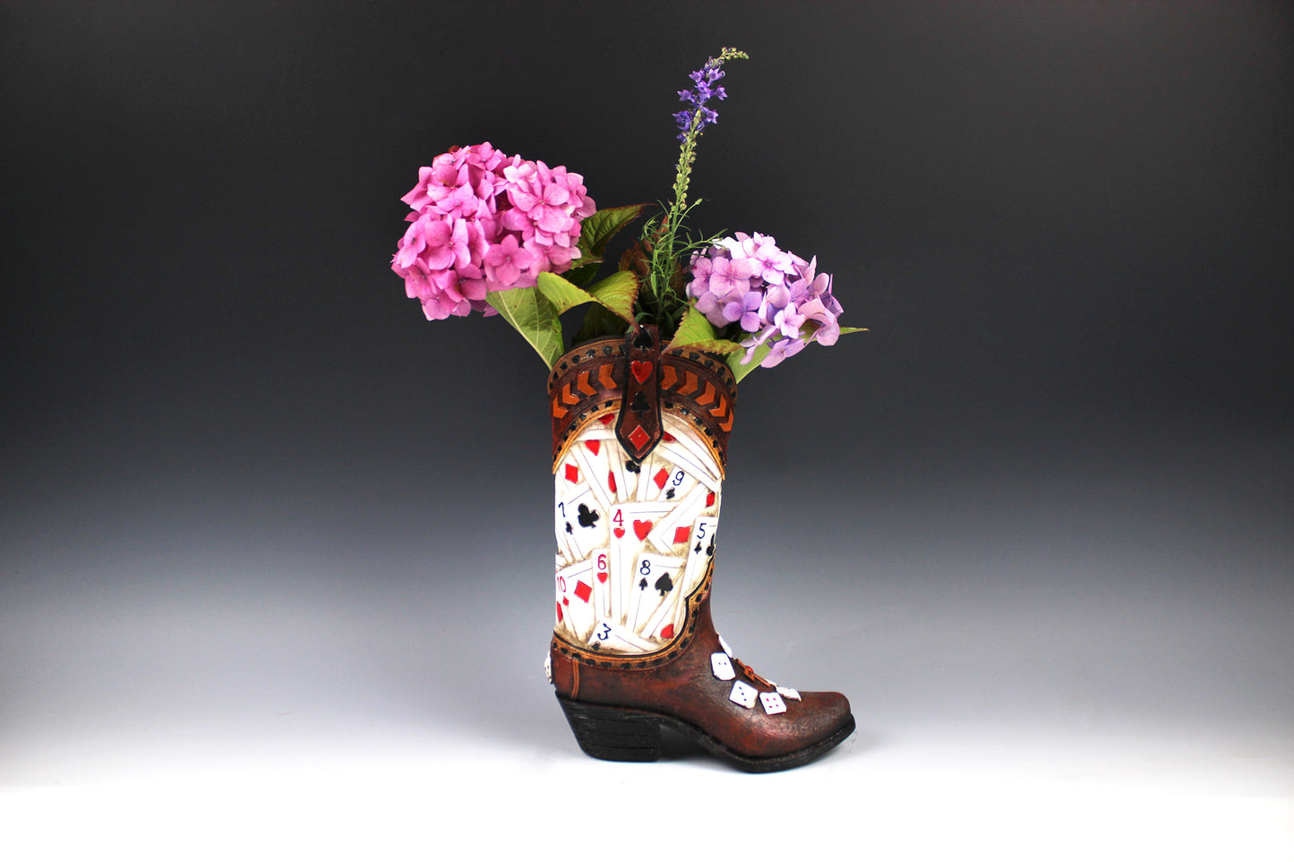 Medium Cowboy Boot Vase - brown cowboy boot vase with playing card design, western style flower arrangement vase, realistic boot vase