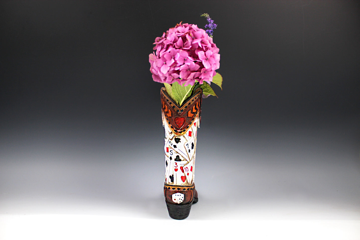 Medium Cowboy Boot Vase - brown cowboy boot vase with playing card design, western style flower arrangement vase, realistic boot vase