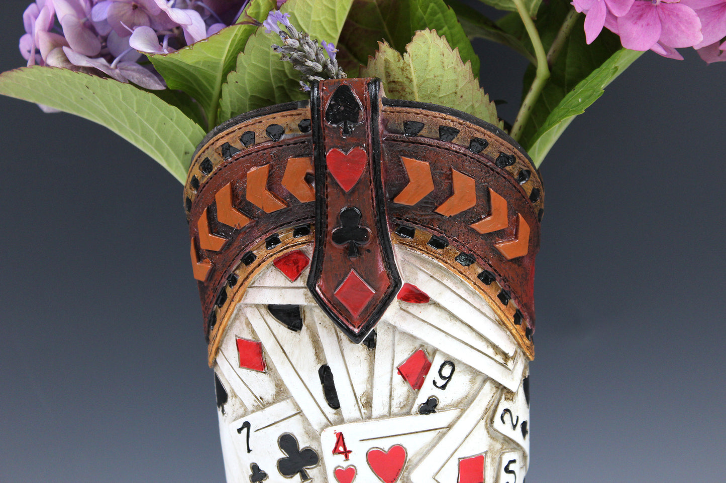 Medium Cowboy Boot Vase - brown cowboy boot vase with playing card design, western style flower arrangement vase, realistic boot vase