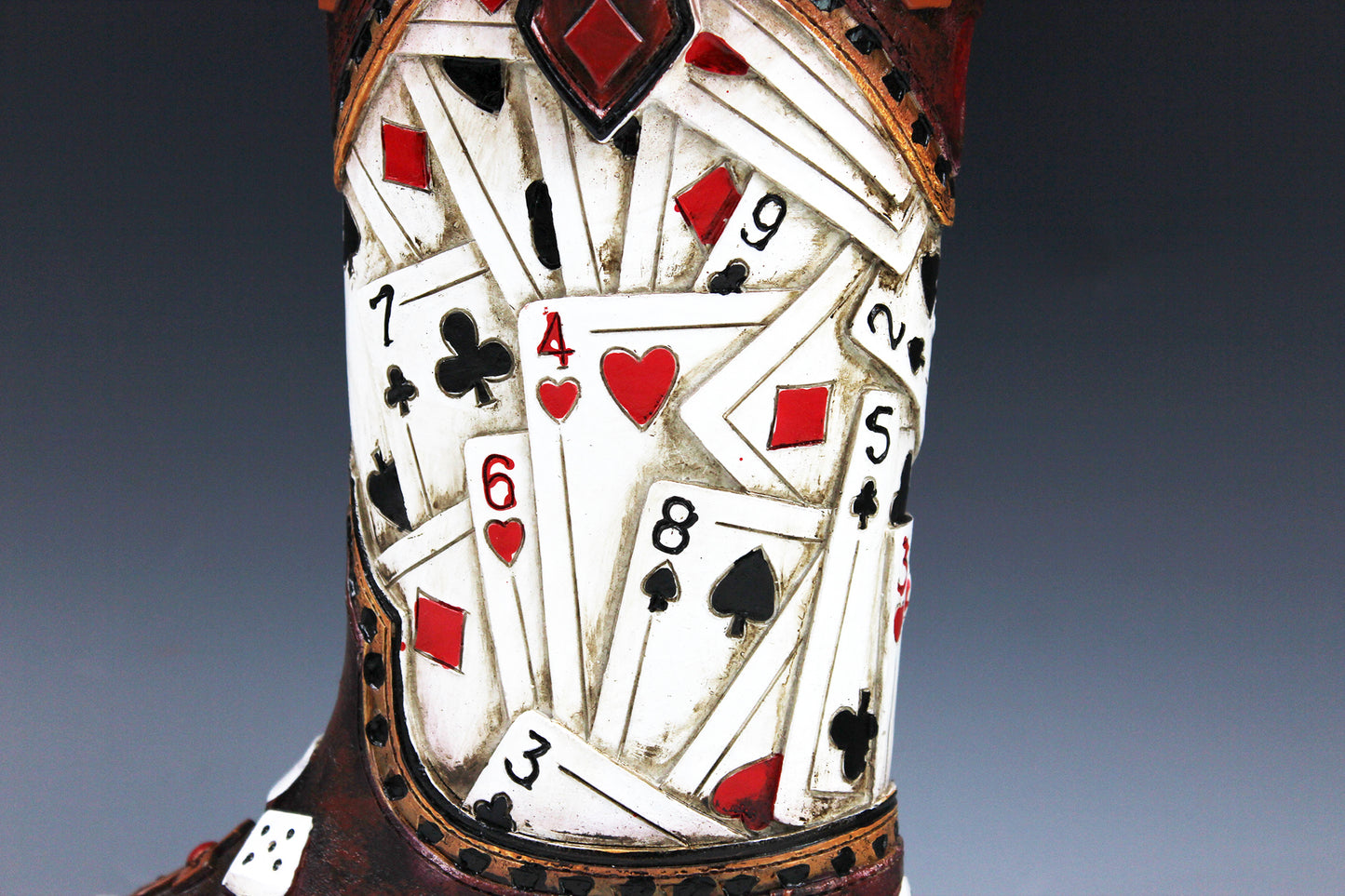 Medium Cowboy Boot Vase - brown cowboy boot vase with playing card design, western style flower arrangement vase, realistic boot vase