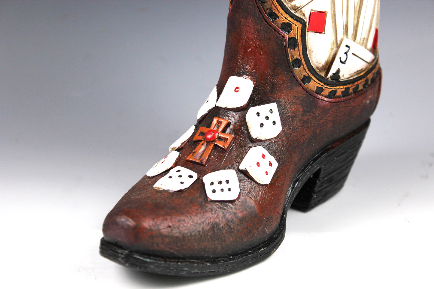 Medium Cowboy Boot Vase - brown cowboy boot vase with playing card design, western style flower arrangement vase, realistic boot vase