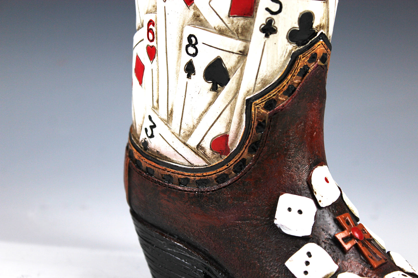 Medium Cowboy Boot Vase - brown cowboy boot vase with playing card design, western style flower arrangement vase, realistic boot vase