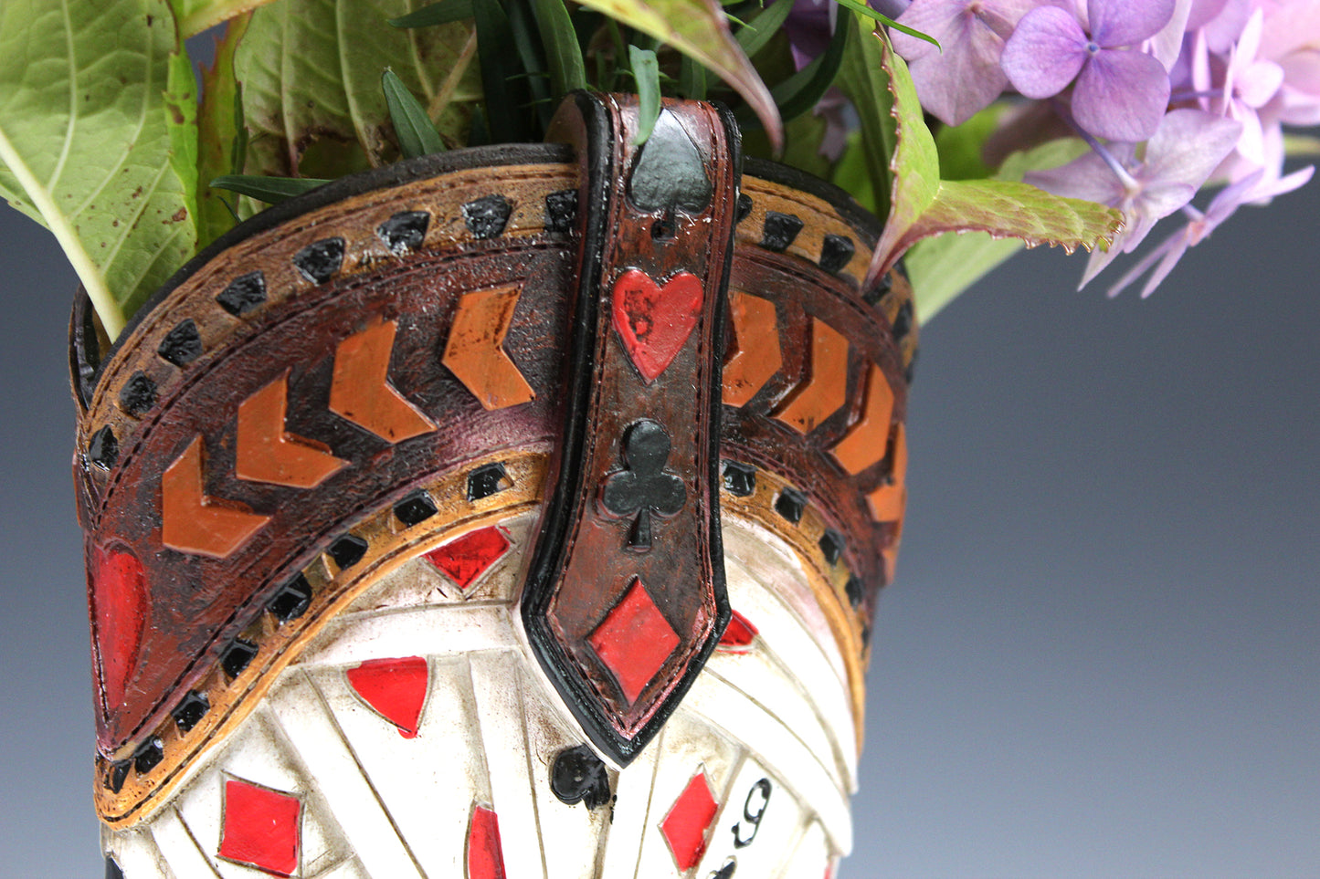 Medium Cowboy Boot Vase - brown cowboy boot vase with playing card design, western style flower arrangement vase, realistic boot vase