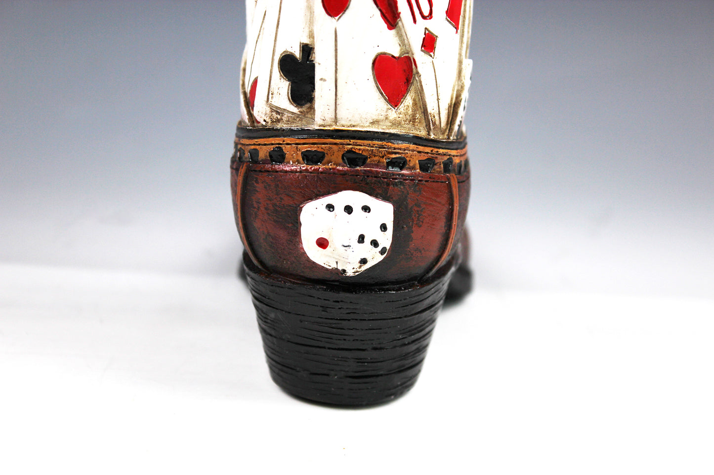 Medium Cowboy Boot Vase - brown cowboy boot vase with playing card design, western style flower arrangement vase, realistic boot vase