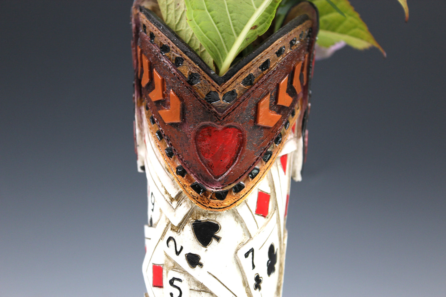 Medium Cowboy Boot Vase - brown cowboy boot vase with playing card design, western style flower arrangement vase, realistic boot vase