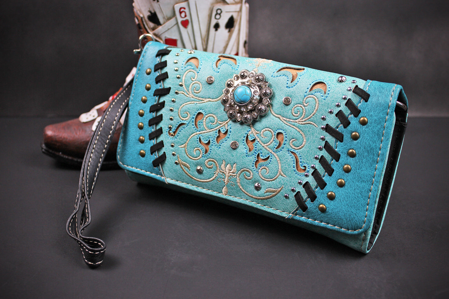 The Idaho Purse - small turquoise and silver western cowgirl style purse wallet, intricate detailing with adjustable strap & magnetic clasp