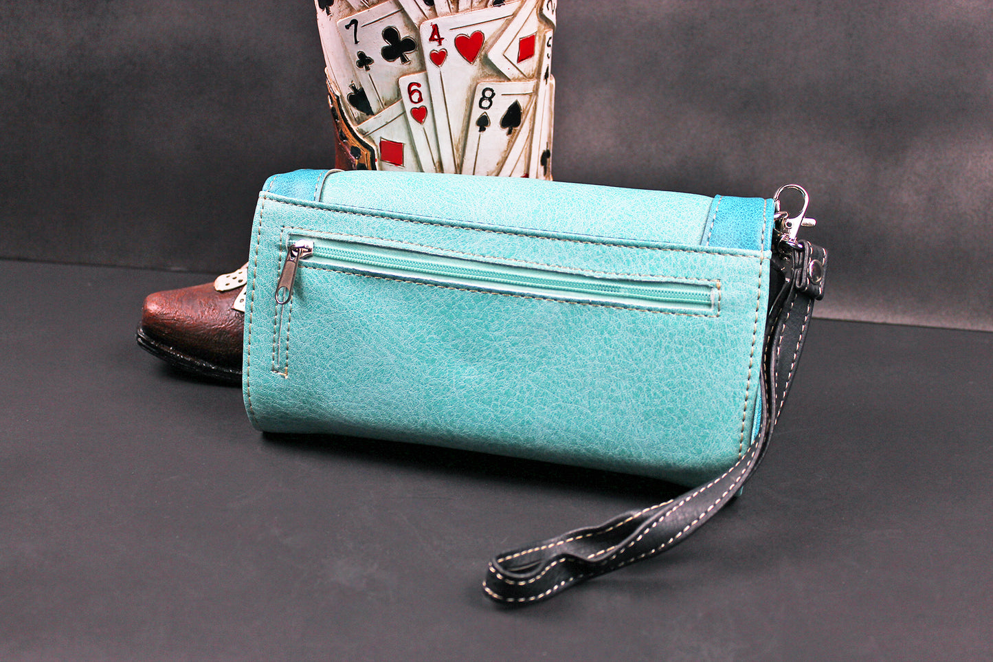 The Idaho Purse - small turquoise and silver western cowgirl style purse wallet, intricate detailing with adjustable strap & magnetic clasp