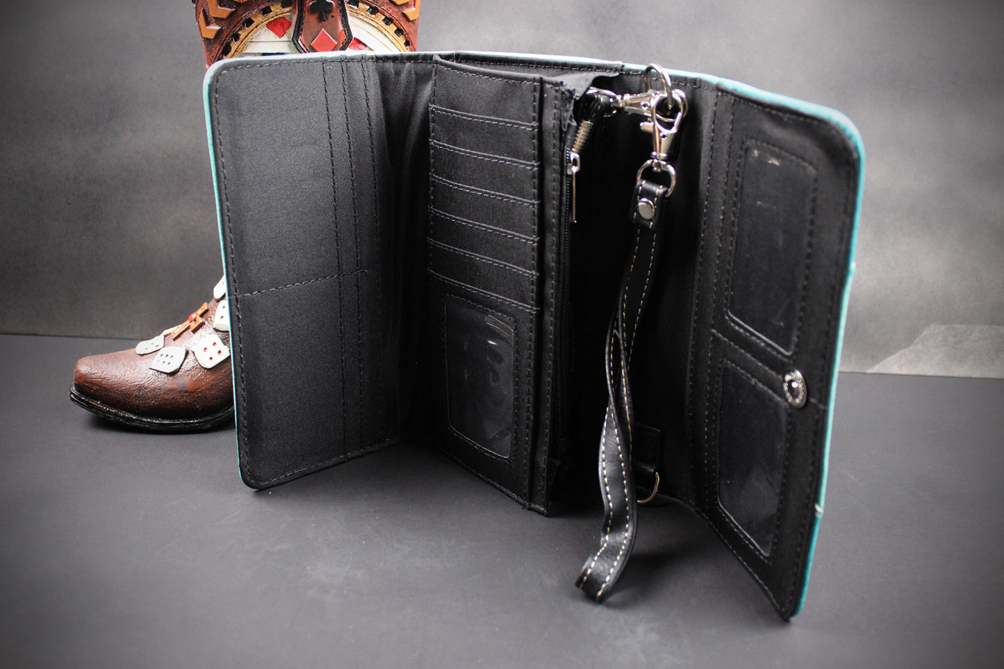 The Idaho Purse - small turquoise and silver western cowgirl style purse wallet, intricate detailing with adjustable strap & magnetic clasp