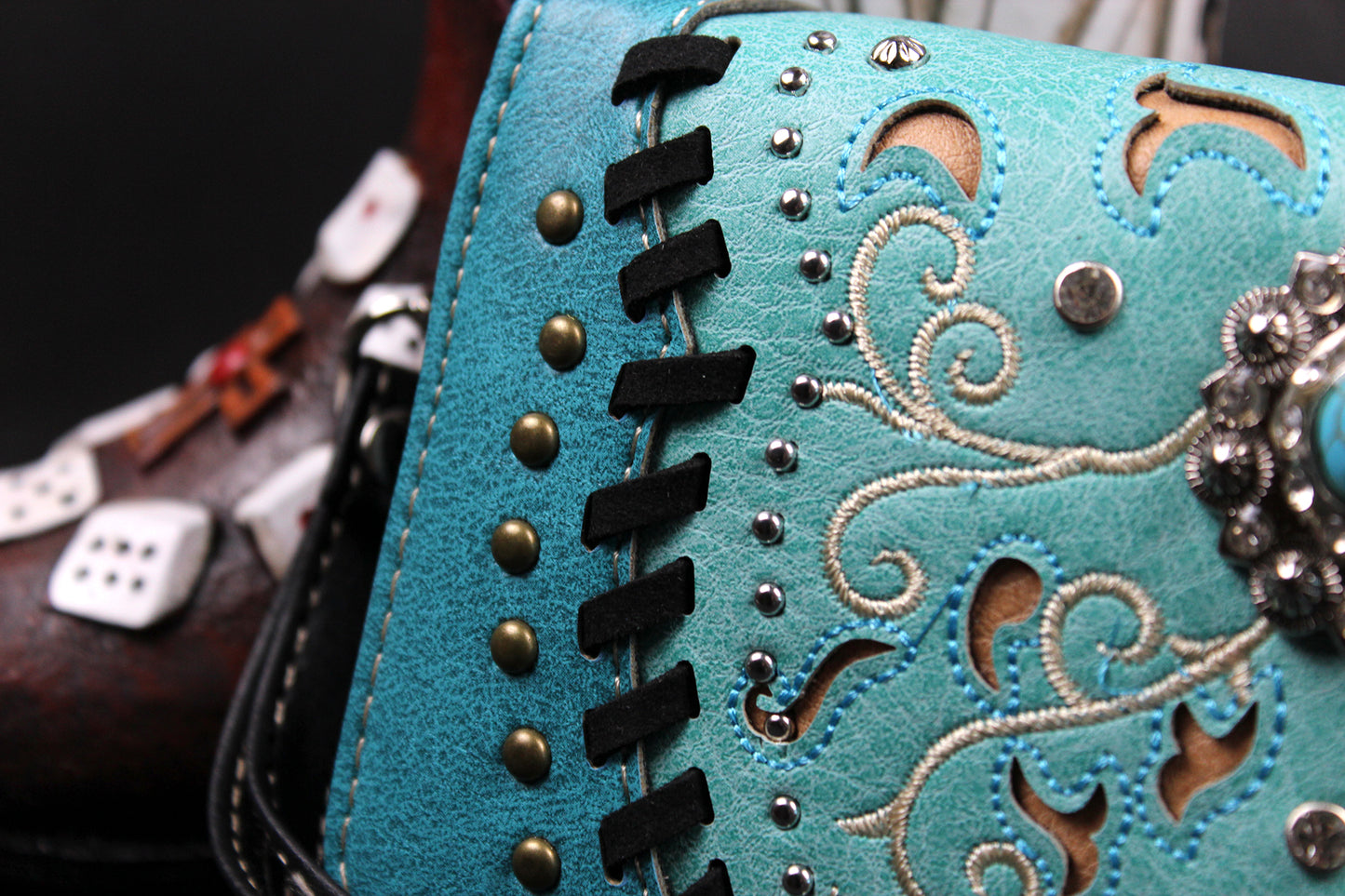 The Idaho Purse - small turquoise and silver western cowgirl style purse wallet, intricate detailing with adjustable strap & magnetic clasp