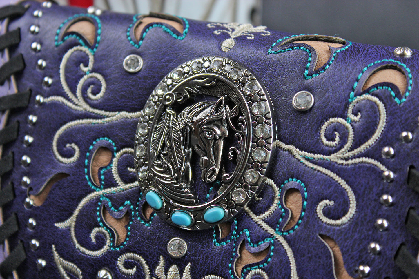The Wyoming Purse - purple turquoise and silver western cowgirl style purse wallet intricate detailing with adjustable strap
