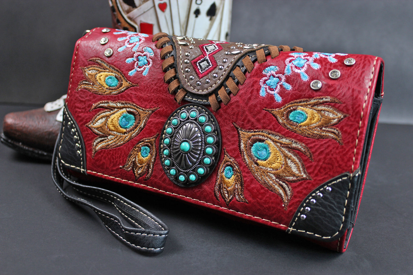The Houston Purse - small red and silver western cowgirl style purse wallet, intricate detailing with adjustable strap & magnetic clasp