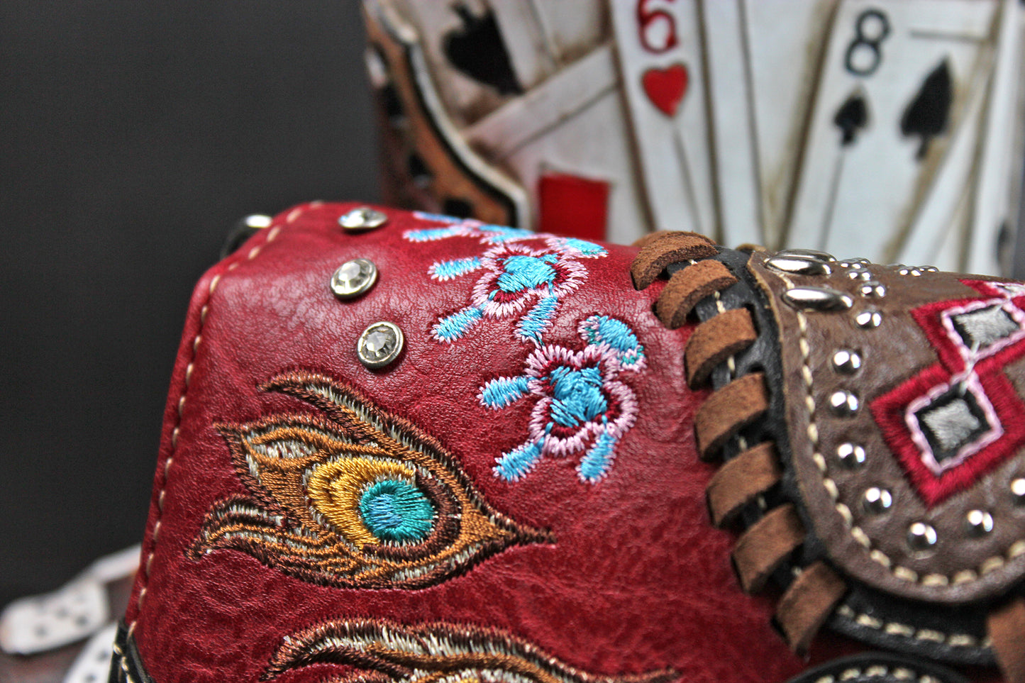 The Houston Purse - small red and silver western cowgirl style purse wallet, intricate detailing with adjustable strap & magnetic clasp
